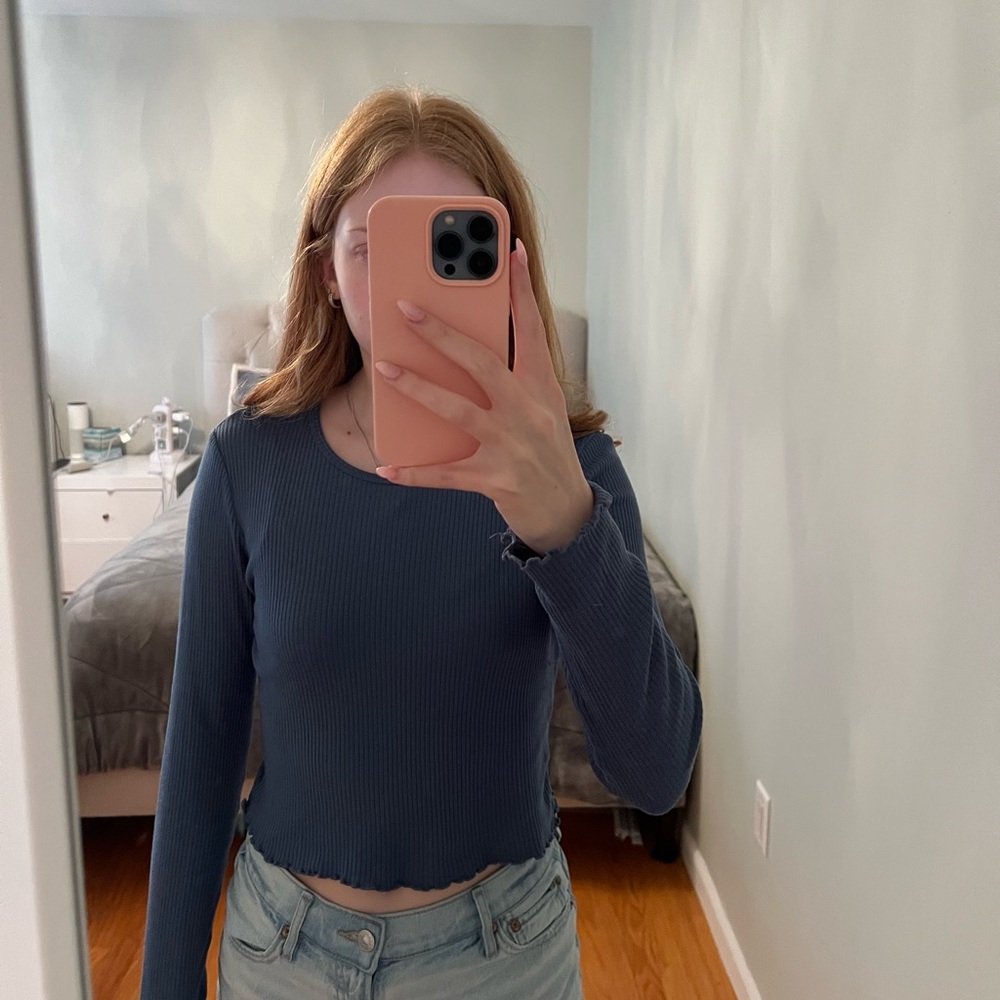 American Eagle Outfitters Blue Fitted Crop Long Sleeve Tee